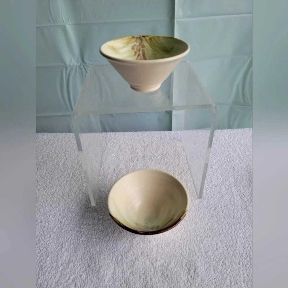 Two Small Bowls Handmade Handpainted Pottery Pine Trees Nova Scotia